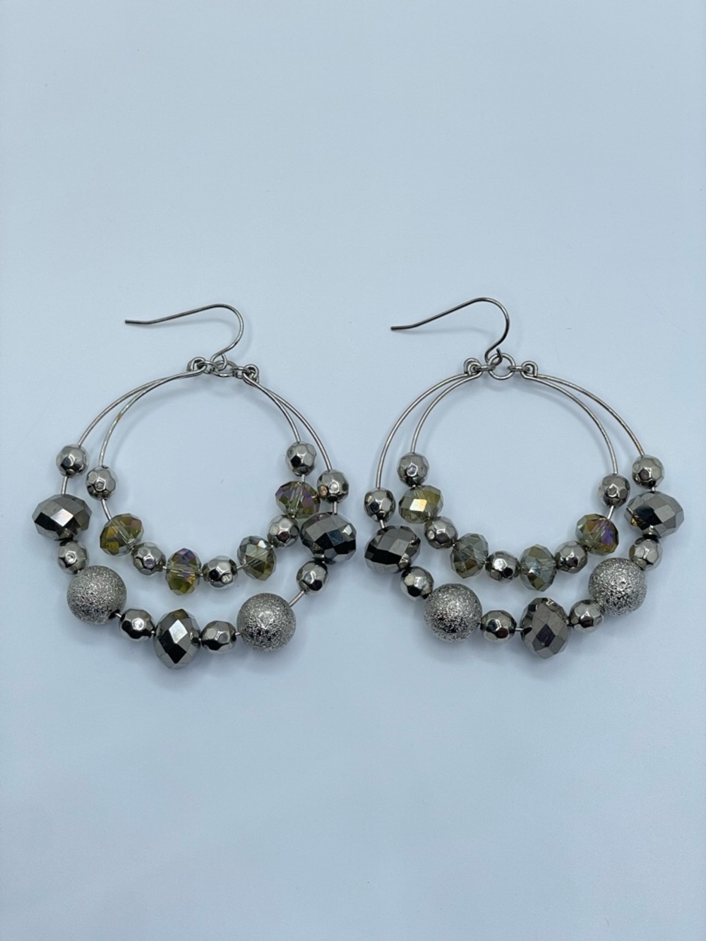 Silver Tone Crystal Beaded Hoop Earrings Faceted Glass Statement
